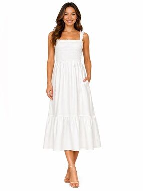 Euro Summer Sundress | Smocked Bodice Ruffled Hem Bright White Cotton Gap Small